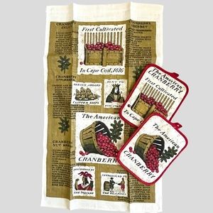 NWOT vintage 70s The American Cranberry linen towel & pot holders